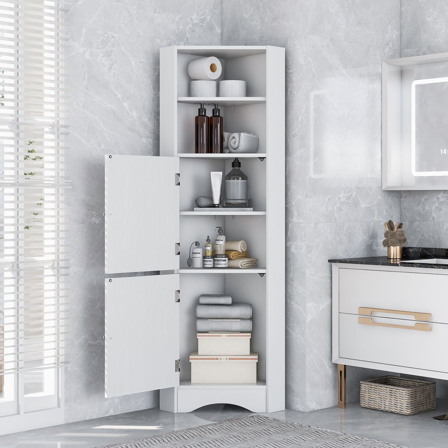 Tall Bathroom Corner Cabinet; Freestanding Storage Cabinet with Doors and Adjustable Shelves; MDF Board