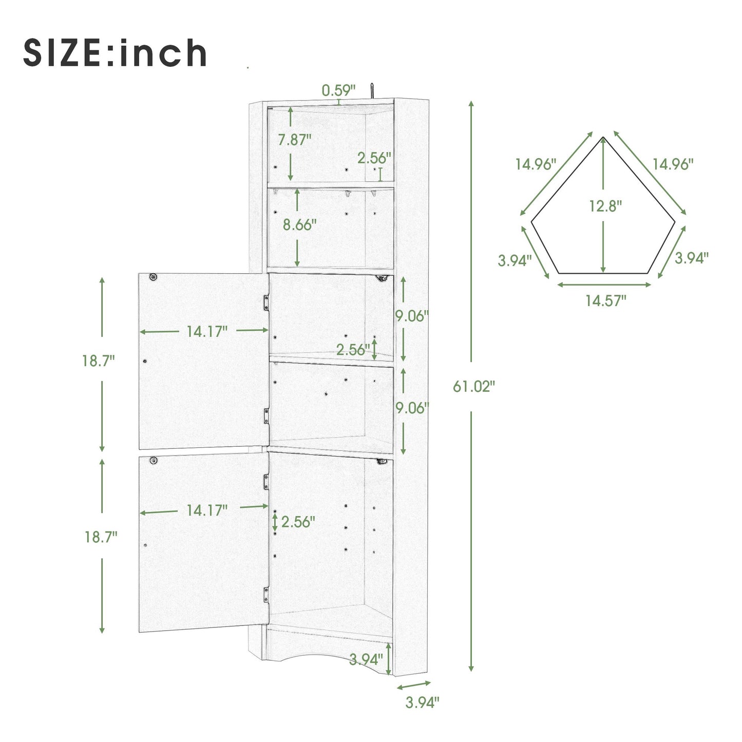 Tall Bathroom Corner Cabinet; Freestanding Storage Cabinet with Doors and Adjustable Shelves; MDF Board