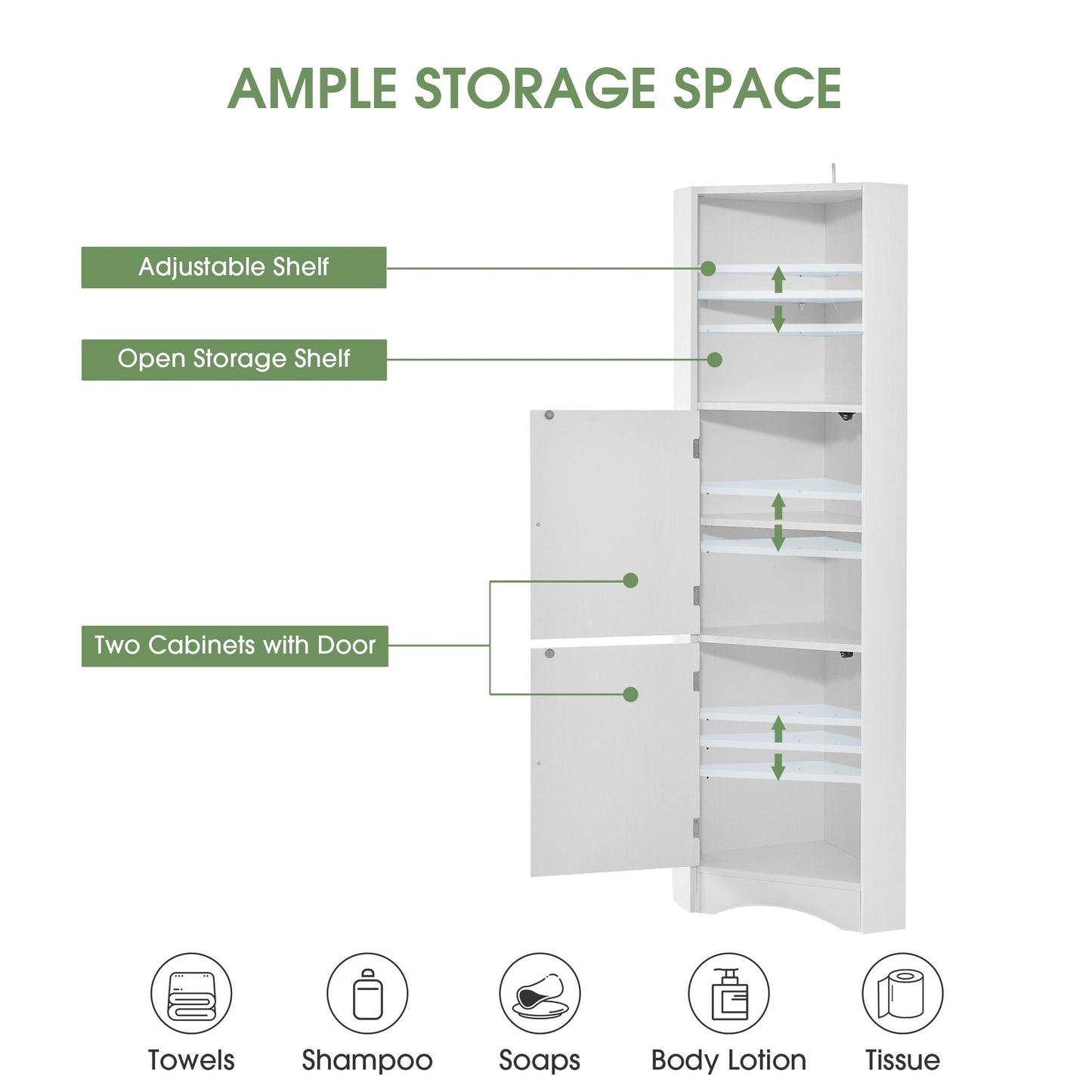 Tall Bathroom Corner Cabinet; Freestanding Storage Cabinet with Doors and Adjustable Shelves; MDF Board