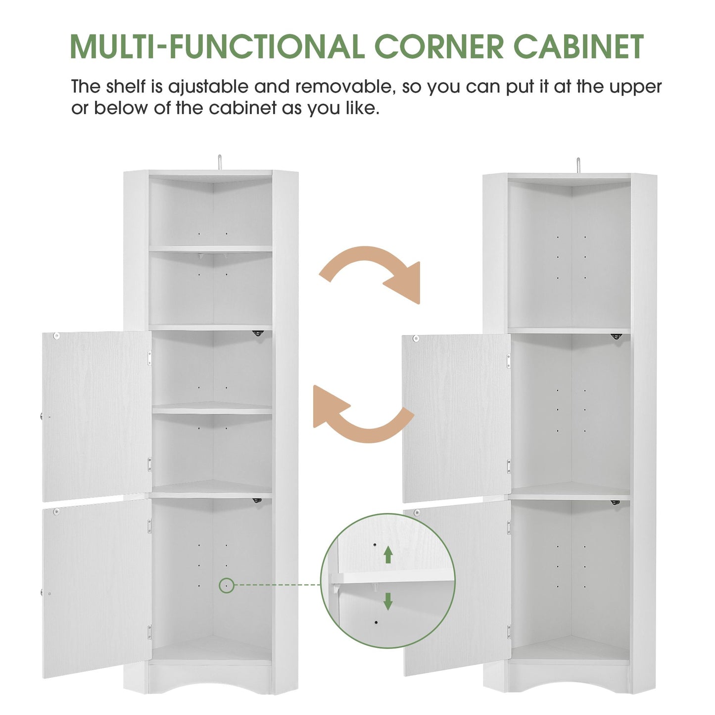 Tall Bathroom Corner Cabinet; Freestanding Storage Cabinet with Doors and Adjustable Shelves; MDF Board
