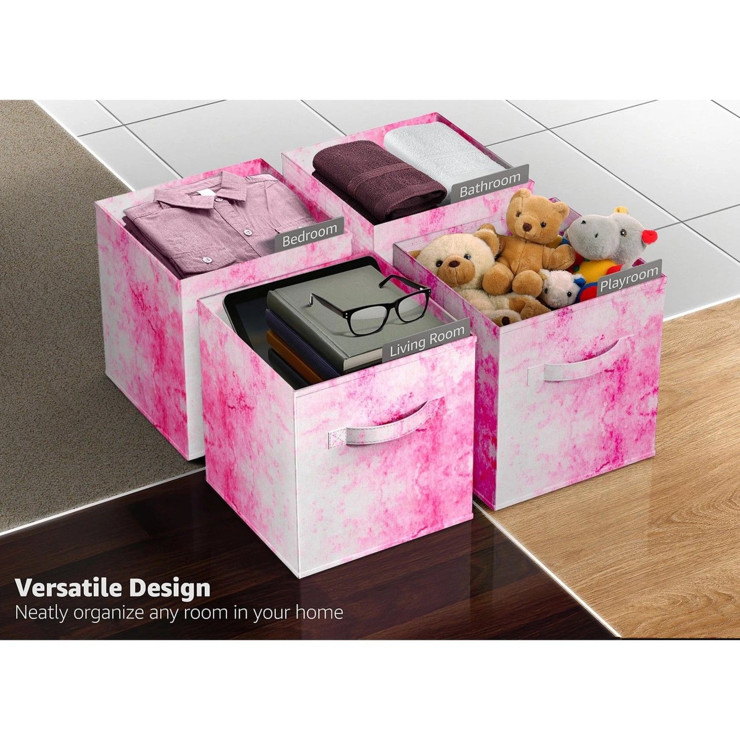 Colorful Cube Storage Bins, Set of 6 Foldable Collapsible Storage Box with Handles, 11" Fabric Storage Cubes Organizers for Shelves, Pink