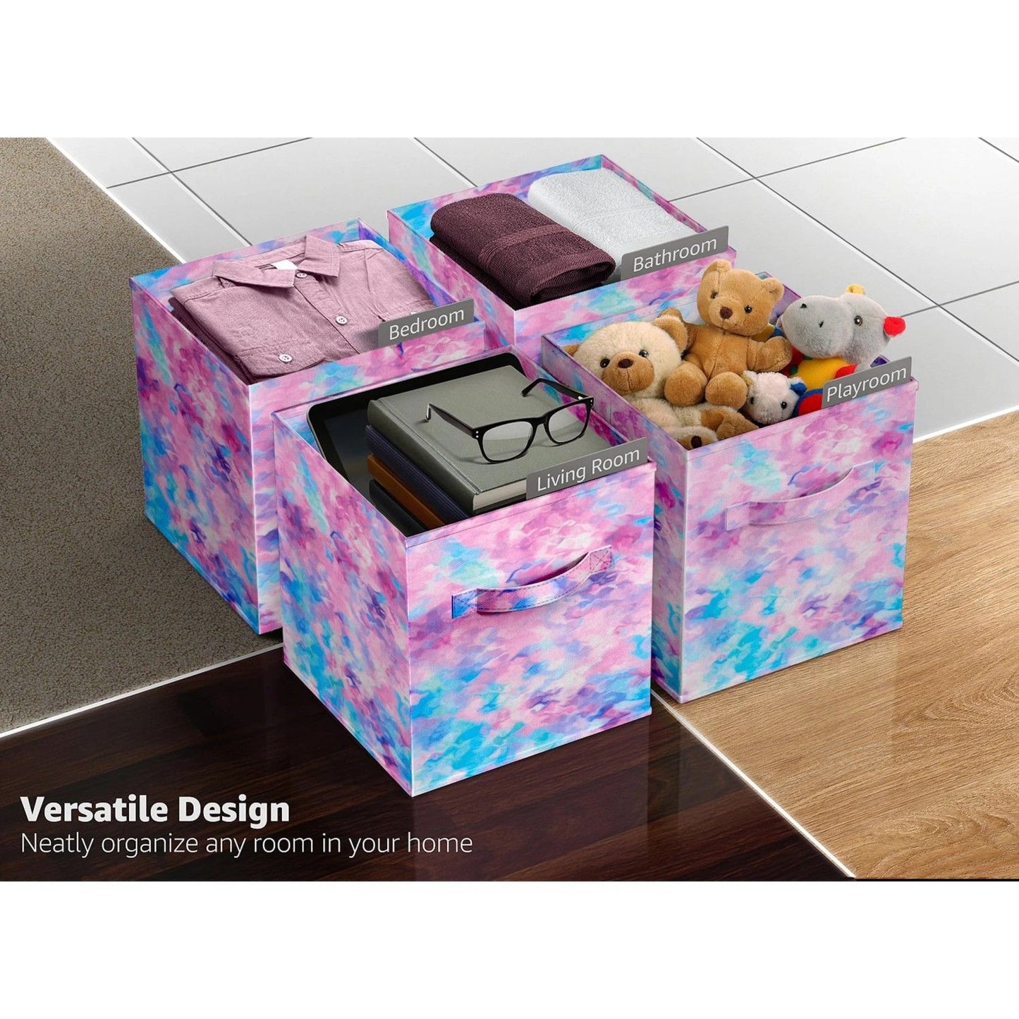 Colorful Cube Storage Bins, Set of 6 Foldable Collapsible Storage Box with Handles, 11" Fabric Storage Cubes Organizers for Shelves, Pink