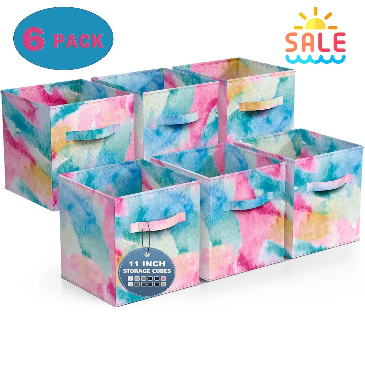 Colorful Cube Storage Bins, Set of 6 Foldable Collapsible Storage Box with Handles, 11" Fabric Storage Cubes Organizers for Shelves, Pink
