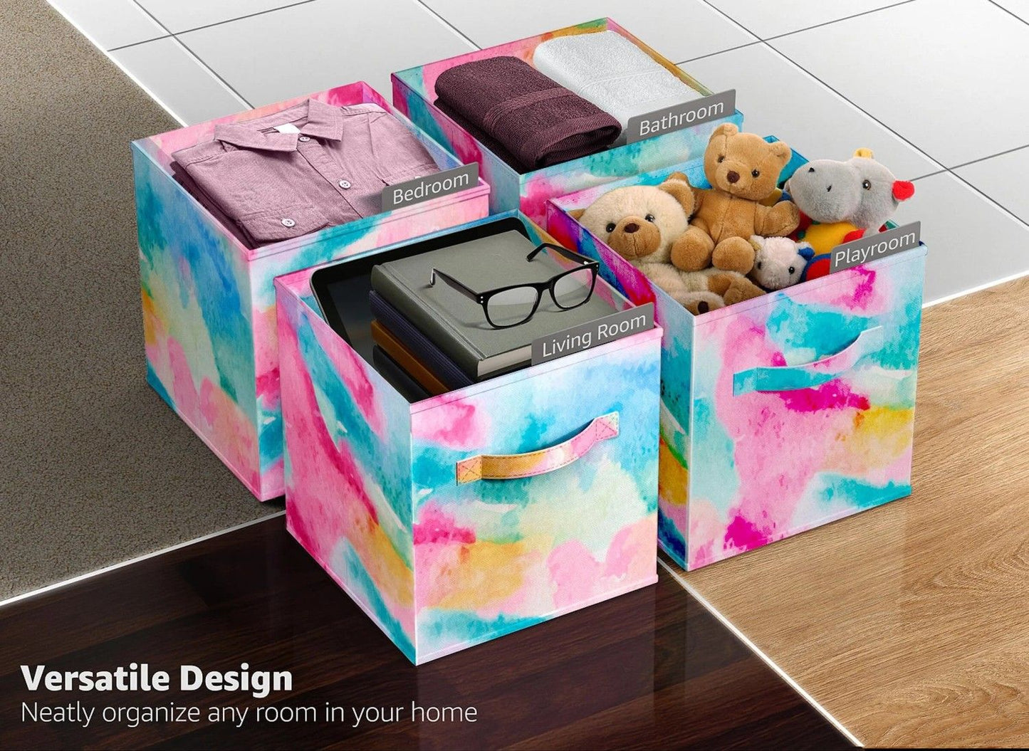 Colorful Cube Storage Bins, Set of 6 Foldable Collapsible Storage Box with Handles, 11" Fabric Storage Cubes Organizers for Shelves, Pink