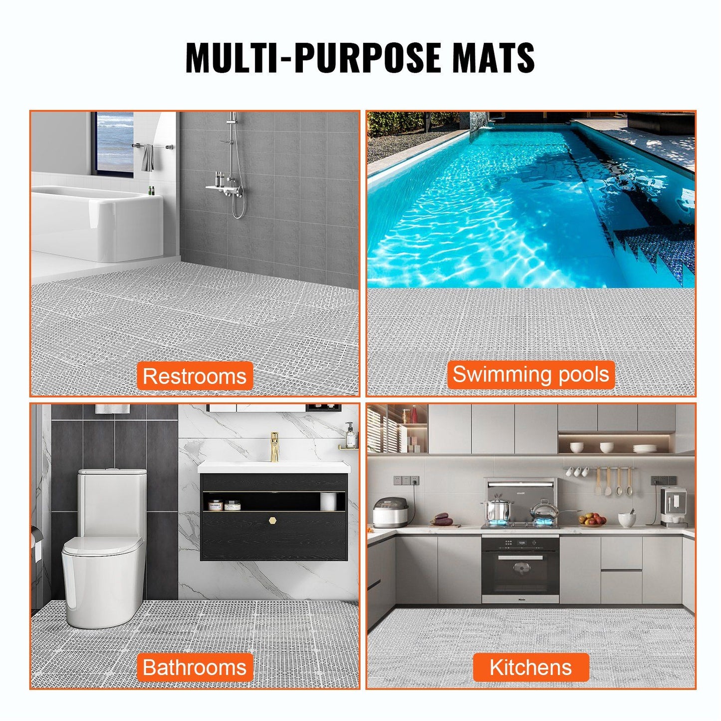 VEVOR Interlocking Tile 55PCS Grey, Drainage Tiles 12" x 12"x 0.6 Splicing, Soft PVC Interlocking Floor Tiles, Non-Slip Drainage Holes for Restroom, Bathroom, Kitchen, Pool, Wet Area
