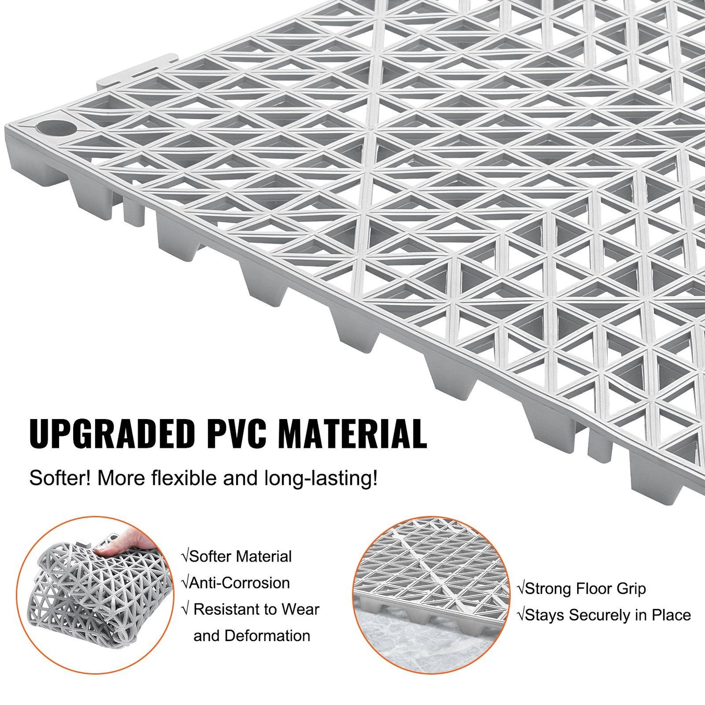 VEVOR Interlocking Tile 55PCS Grey, Drainage Tiles 12" x 12"x 0.6 Splicing, Soft PVC Interlocking Floor Tiles, Non-Slip Drainage Holes for Restroom, Bathroom, Kitchen, Pool, Wet Area