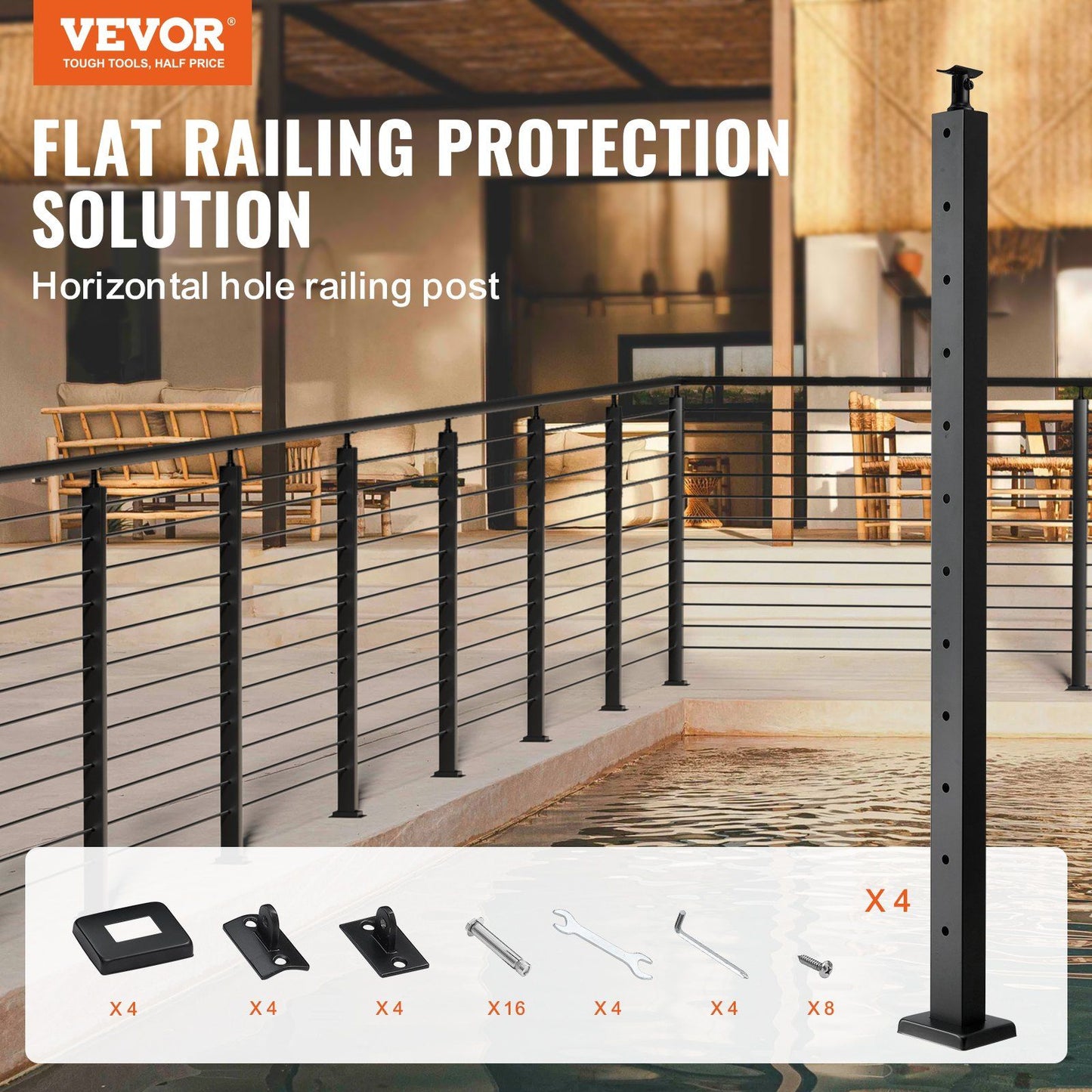 VEVOR 4-Pack Cable Railing Post, 42" x 1" x 2" Steel Horizontal Hole Deck Railing Post, 12 Pre-Drilled Holes, SUS304 Stainless Steel Cable Rail Post with Horizontal and Curved Bracket, Black