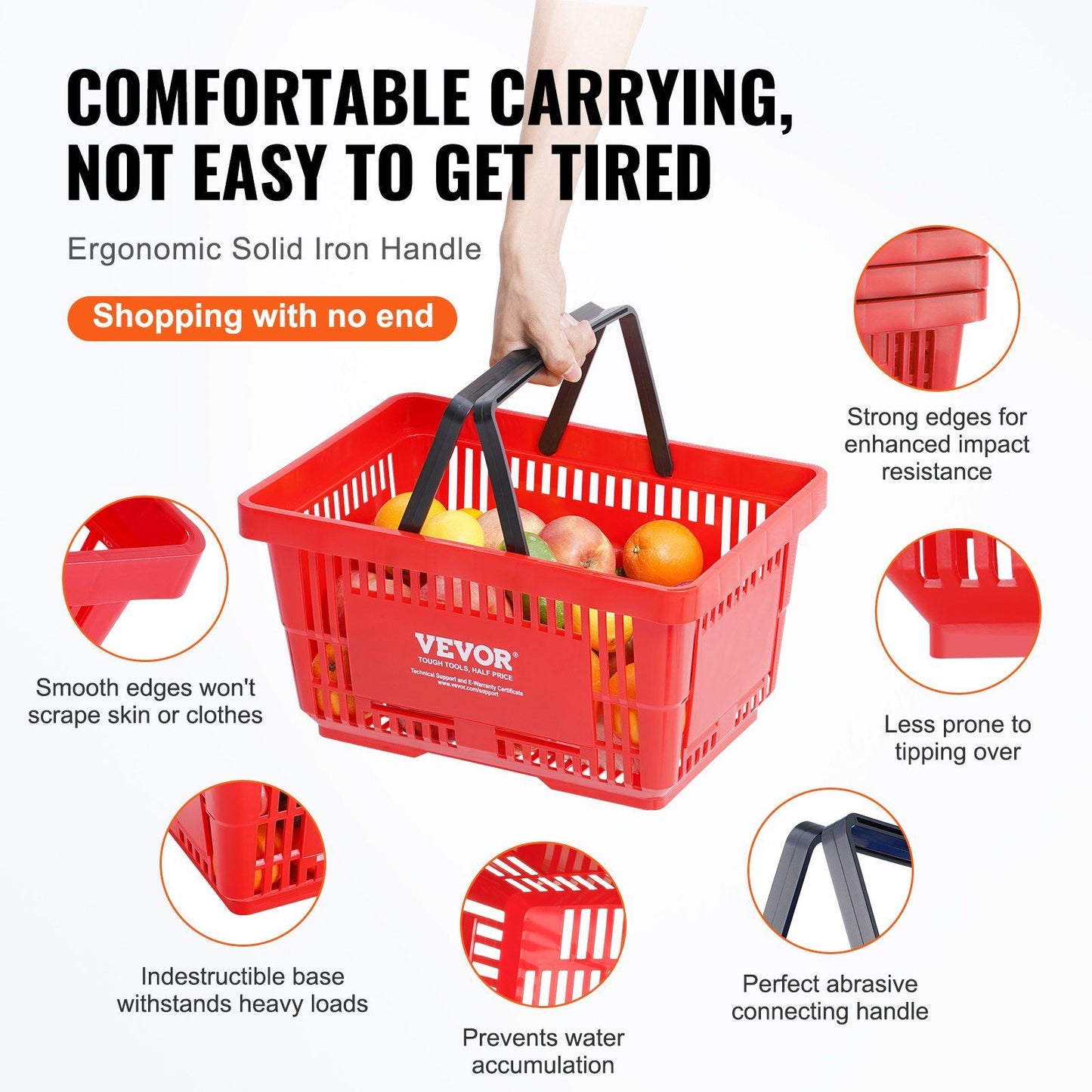 VEVOR Shopping Basket, Set of 12, 24L Durable Plastic Grocery Basket with Handle and Stand, 16.73 x 11.61 x 8.86 inch Portable Shop Basket Bulk Used for Retail Store Supermarket Grocery Shopping, Red