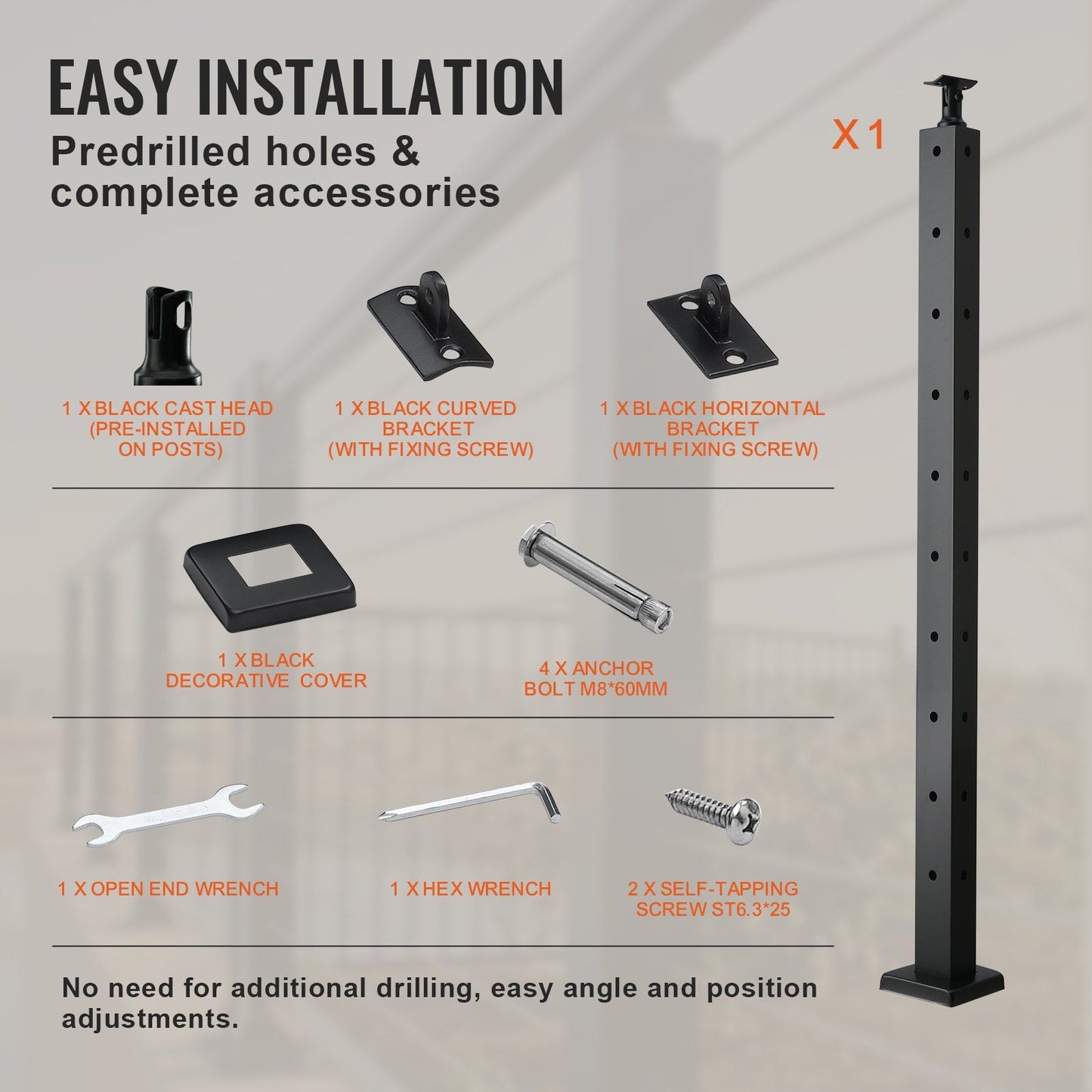VEVOR Cable Railing Post, 36" x 1" x 2" Steel L-Shaped Hole Corner Railing Post, 10 Pre-Drilled Holes, SUS304 Stainless Steel Cable Rail Post with Horizontal and Curved Bracket, 1-Pack, Black