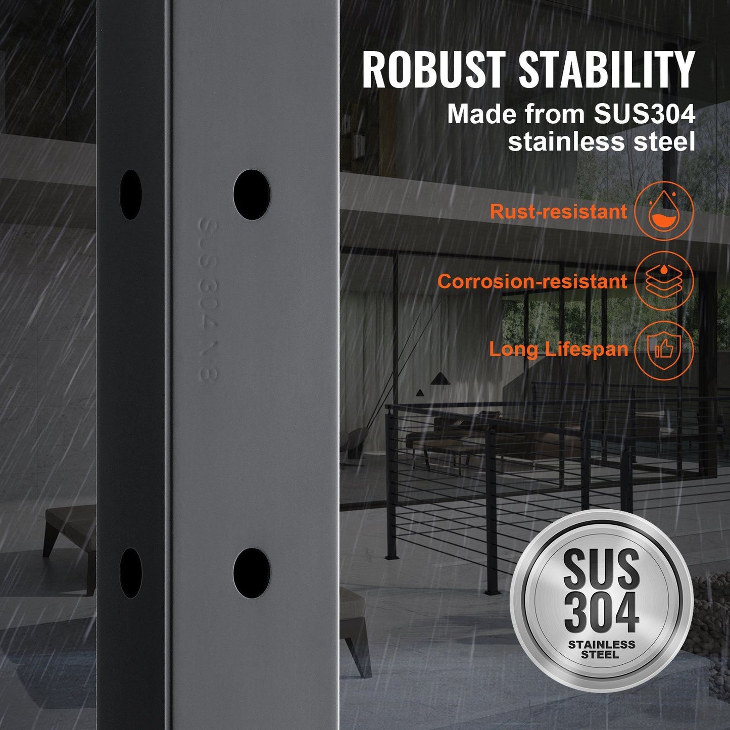 VEVOR Cable Railing Post, 36" x 1" x 2" Steel L-Shaped Hole Corner Railing Post, 10 Pre-Drilled Holes, SUS304 Stainless Steel Cable Rail Post with Horizontal and Curved Bracket, 1-Pack, Black