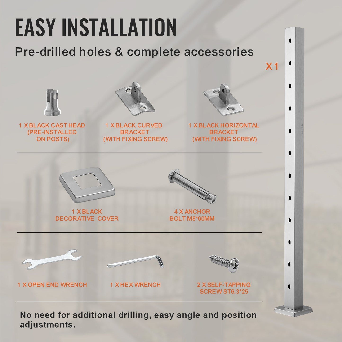 VEVOR Cable Railing Post, 42" x 2" x 2" Steel 30° Angled Hole Stair Railing Post, 12 Pre-Drilled Holes, SUS304 Stainless Steel Cable Rail Post with Horizontal and Curved Bracket, 1-Pack, Silver
