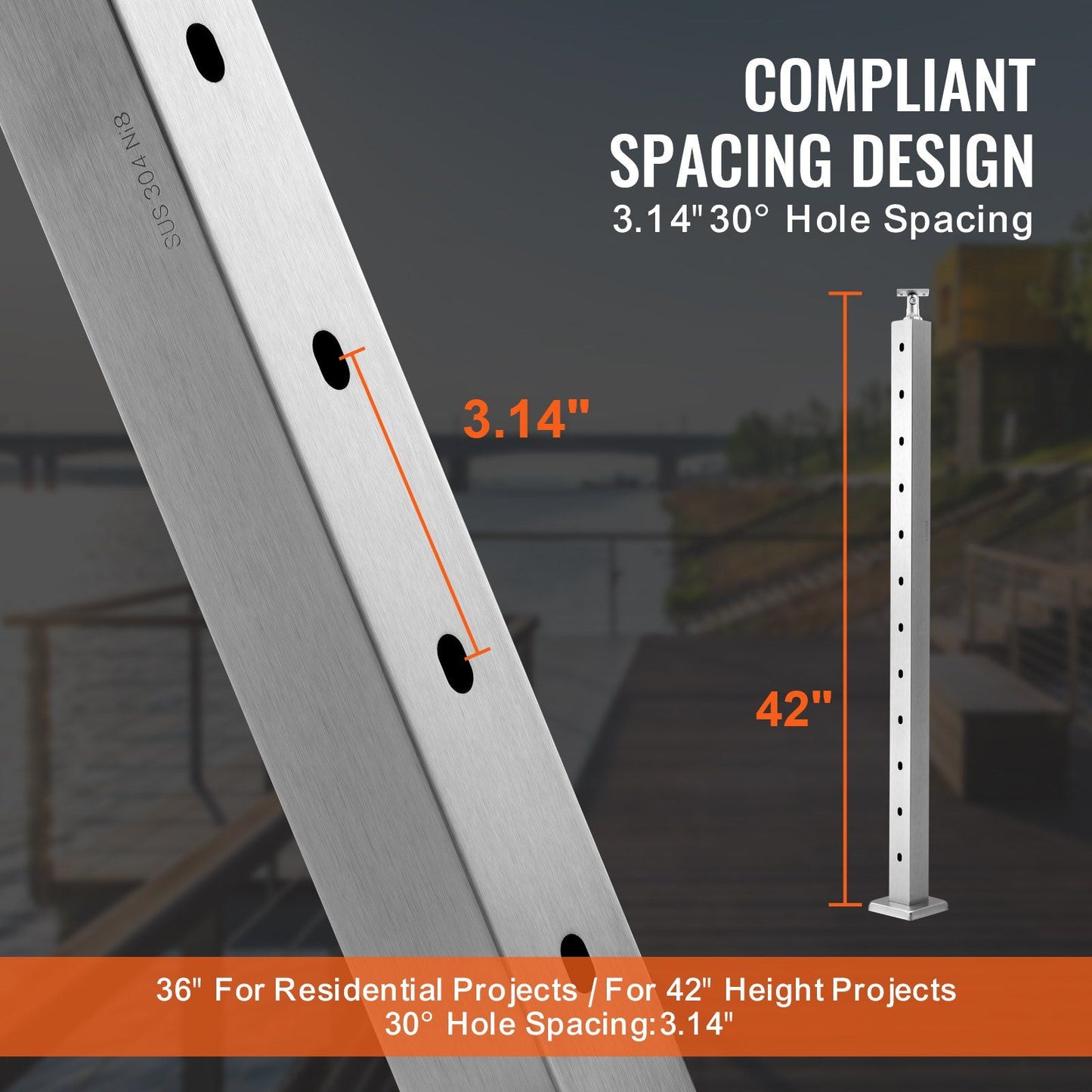 VEVOR Cable Railing Post, 42" x 2" x 2" Steel 30° Angled Hole Stair Railing Post, 12 Pre-Drilled Holes, SUS304 Stainless Steel Cable Rail Post with Horizontal and Curved Bracket, 1-Pack, Silver