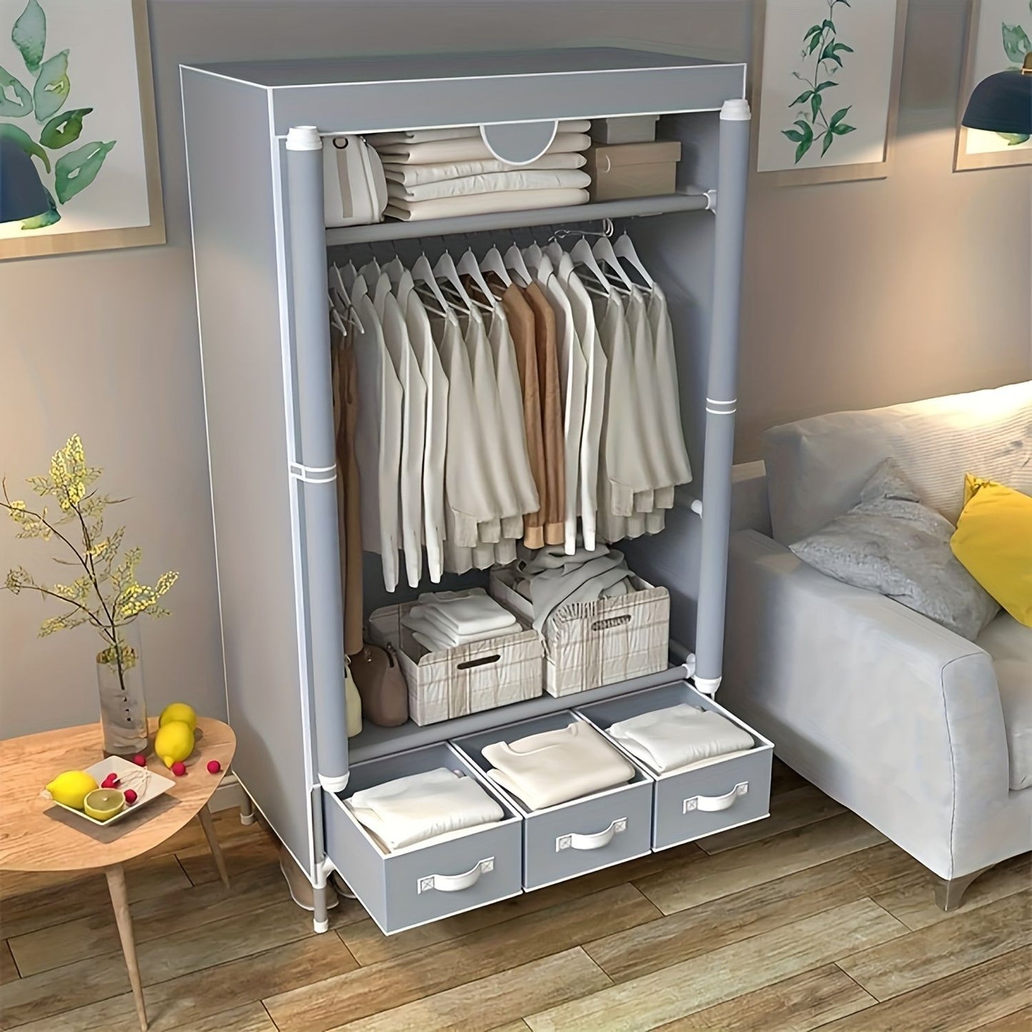 Modern bedroom floor hanger cabinet Large capacity wardrobe clothing rack Multi-layer storage with 3 storage boxes suitable for bedroom dormitory stylish independent wardrobe, durable metal frame