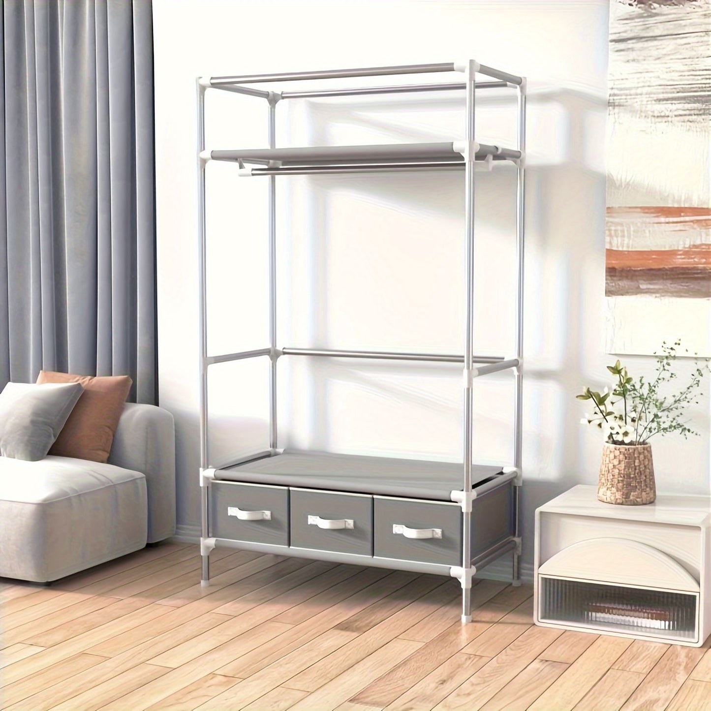 Modern bedroom floor hanger cabinet Large capacity wardrobe clothing rack Multi-layer storage with 3 storage boxes suitable for bedroom dormitory stylish independent wardrobe, durable metal frame