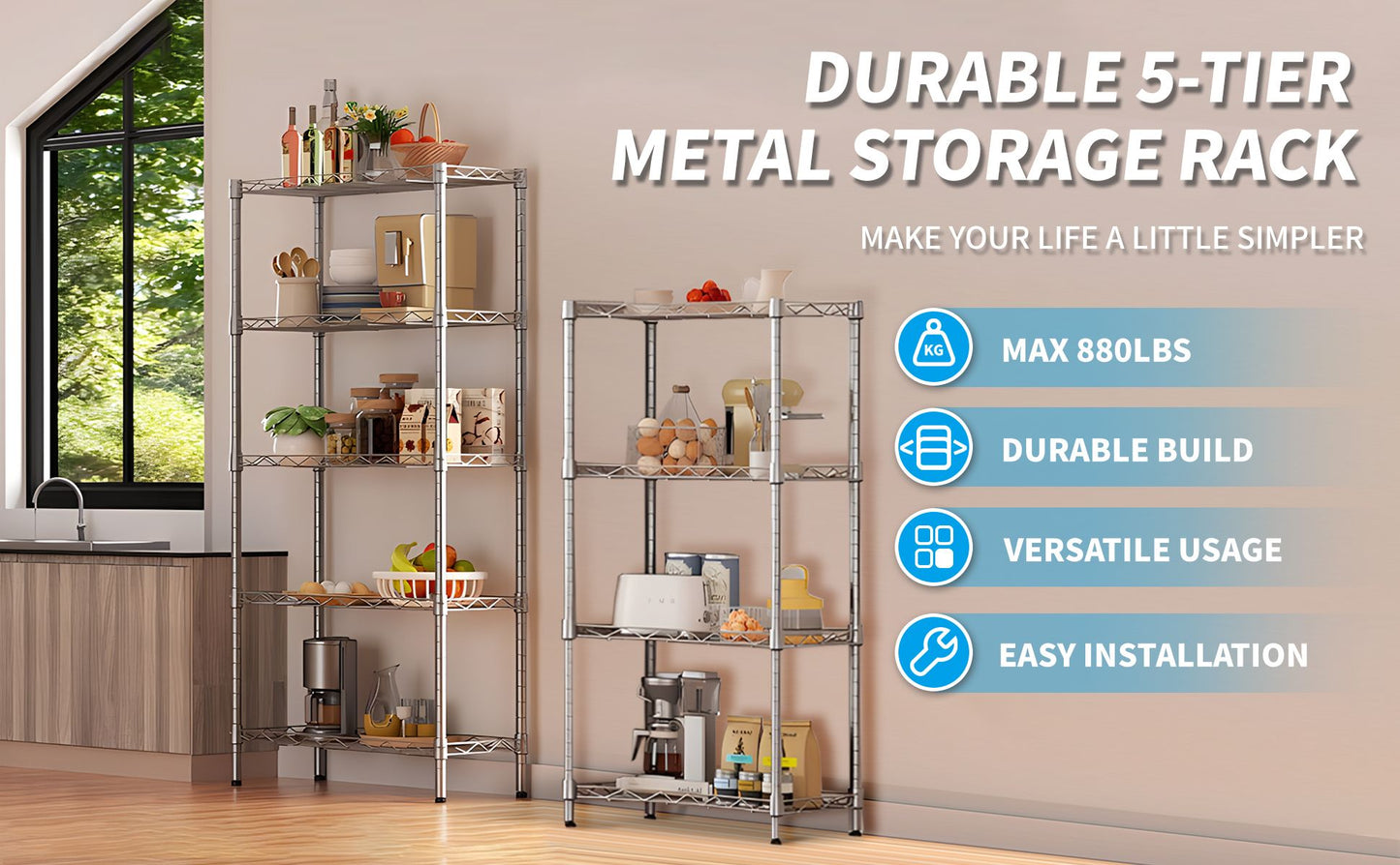 Heavy Duty Shelving Unit, Wire Metal Stackable Storage, 5-Tier Shelf, Chrome, 36" W x 13.8" D x 71.8" H