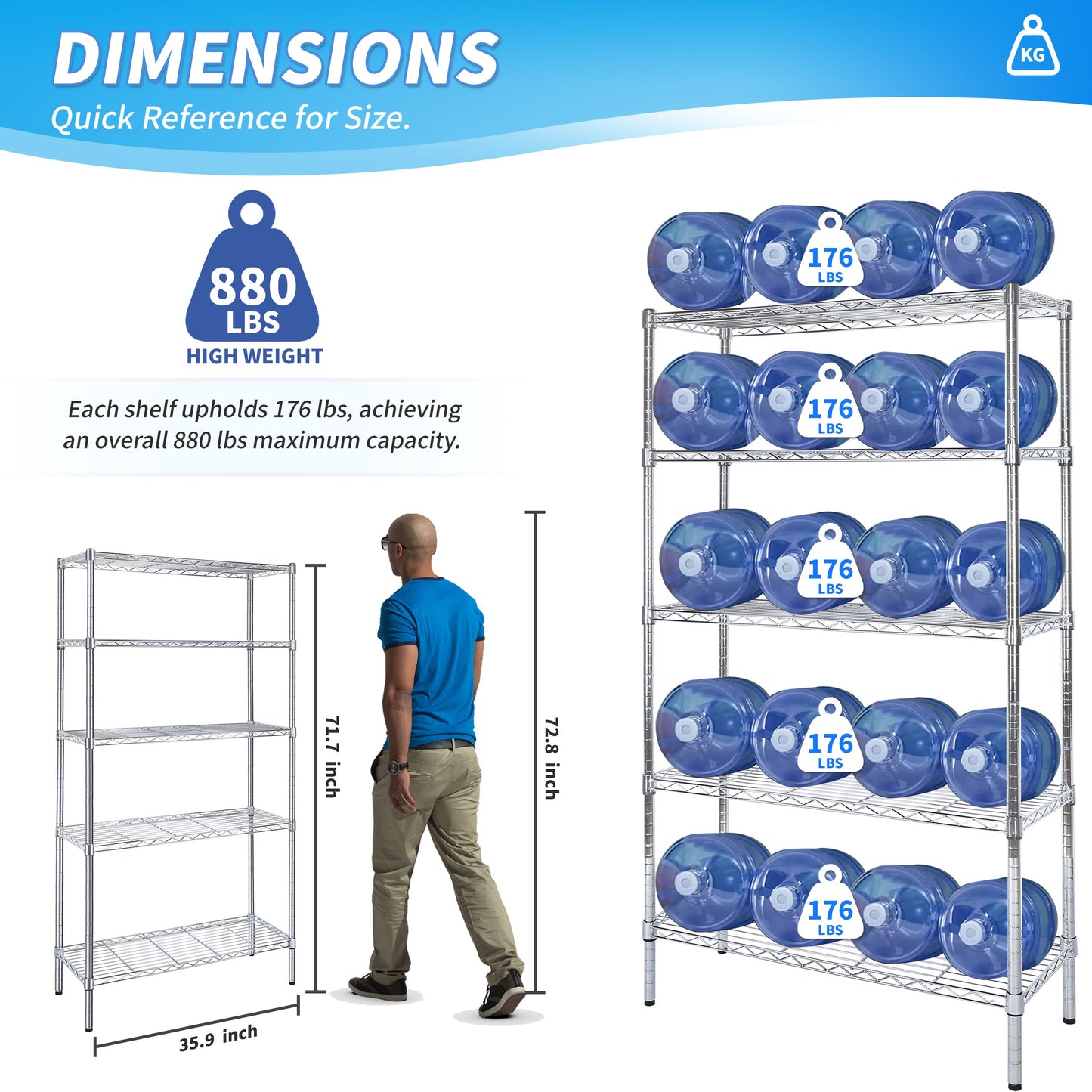 Heavy Duty Shelving Unit, Wire Metal Stackable Storage, 5-Tier Shelf, Chrome, 36" W x 13.8" D x 71.8" H