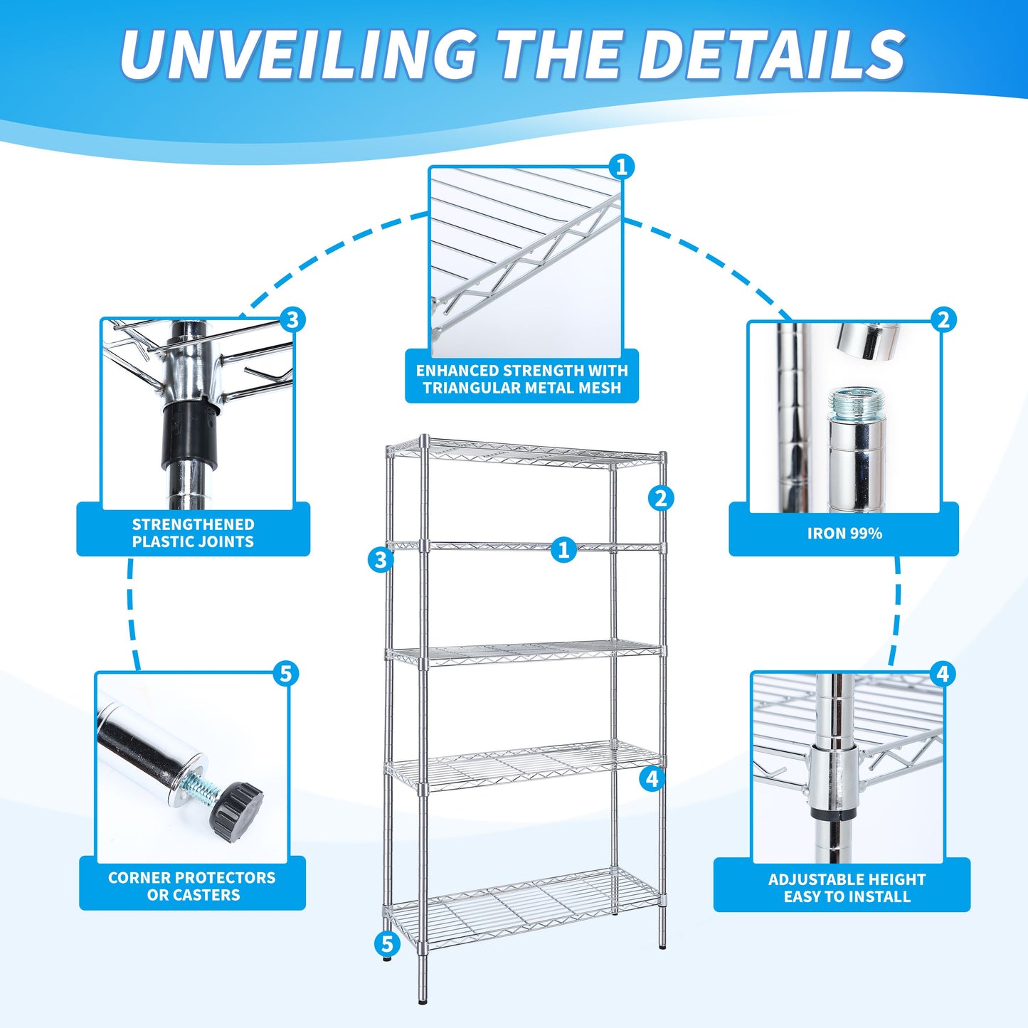 Heavy Duty Shelving Unit, Wire Metal Stackable Storage, 5-Tier Shelf, Chrome, 36" W x 13.8" D x 71.8" H