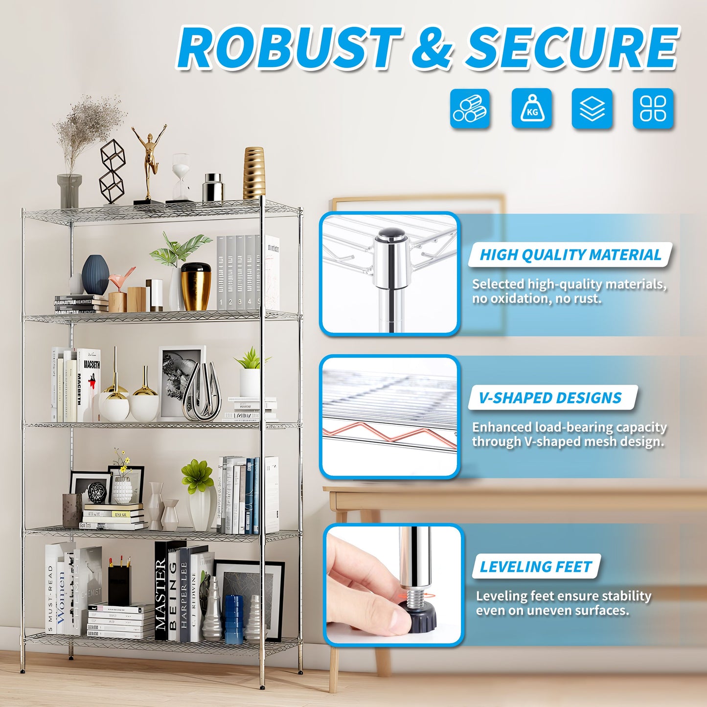 Heavy Duty Shelving Unit, Wire Metal Stackable Storage, 5-Tier Shelf, Chrome, 36" W x 13.8" D x 71.8" H