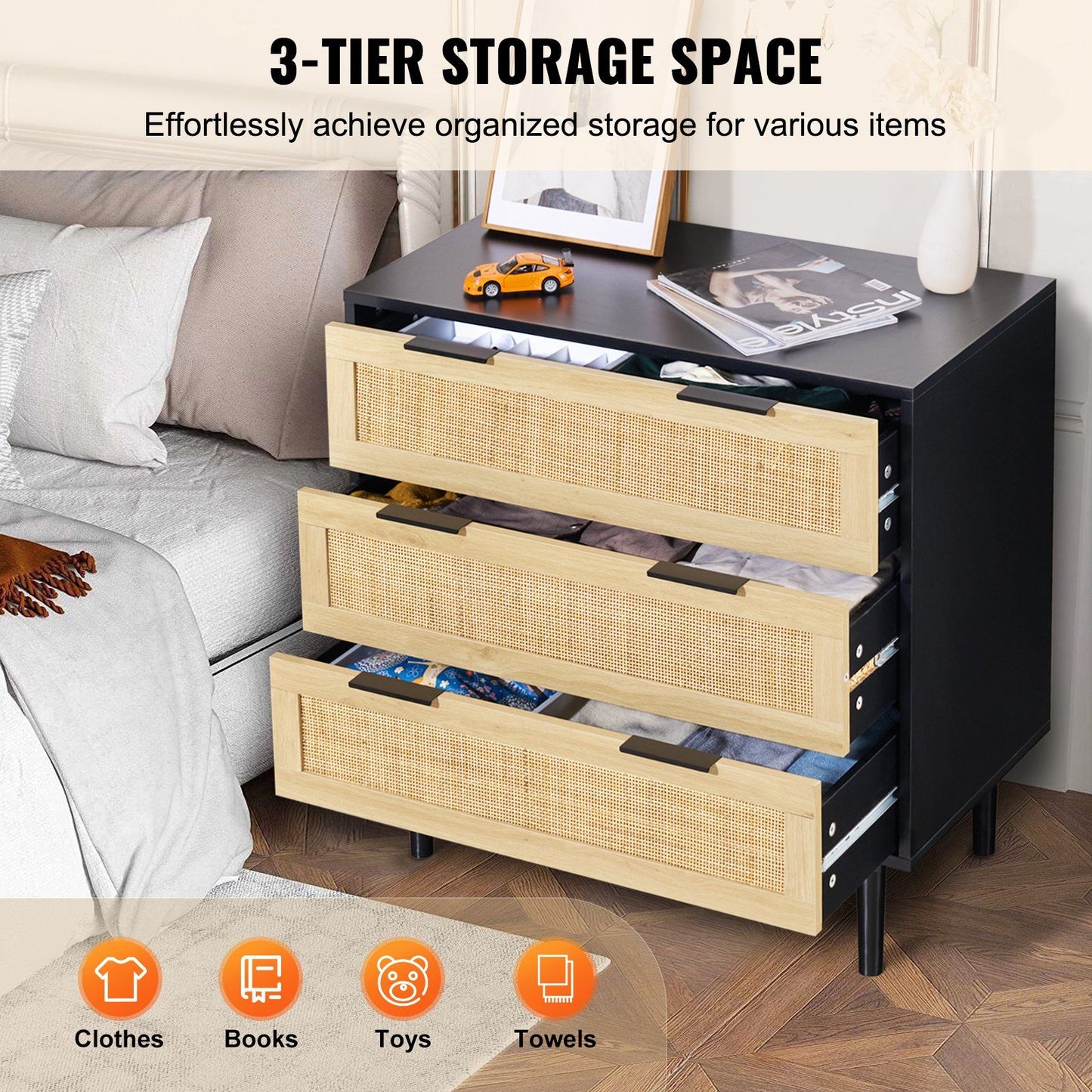 VEVOR 3 Drawer Rattan Dresser, Boho Dresser, Rattan Chest of Drawers with Spacious Storage, Natural Rattan Dresser for Bedroom, Living Room & Hallway, Rattan Nightstand with Sturdy Handles&Legs, Black