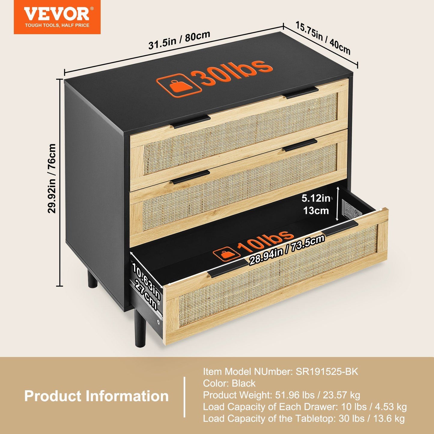 VEVOR 3 Drawer Rattan Dresser, Boho Dresser, Rattan Chest of Drawers with Spacious Storage, Natural Rattan Dresser for Bedroom, Living Room & Hallway, Rattan Nightstand with Sturdy Handles&Legs, Black