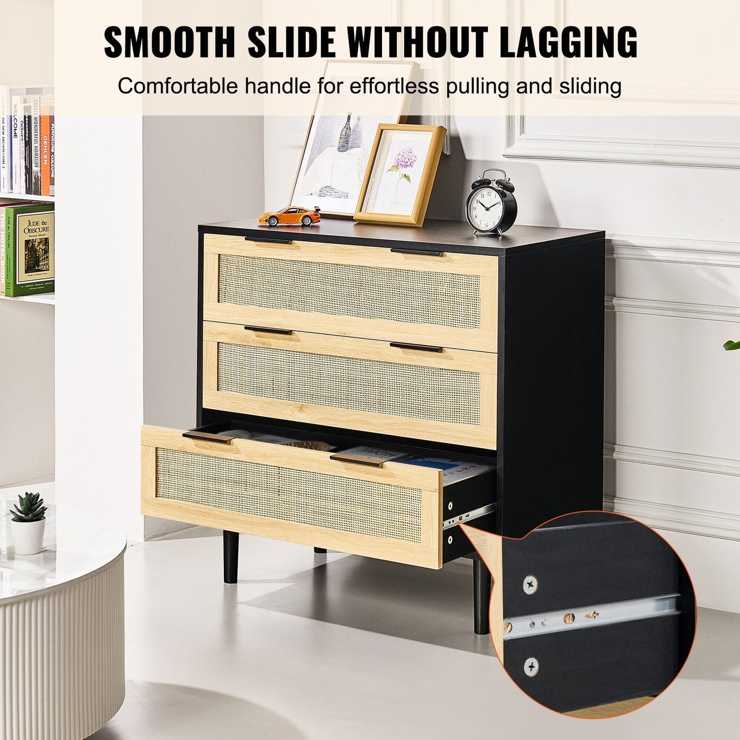 VEVOR 3 Drawer Rattan Dresser, Boho Dresser, Rattan Chest of Drawers with Spacious Storage, Natural Rattan Dresser for Bedroom, Living Room & Hallway, Rattan Nightstand with Sturdy Handles&Legs, Black