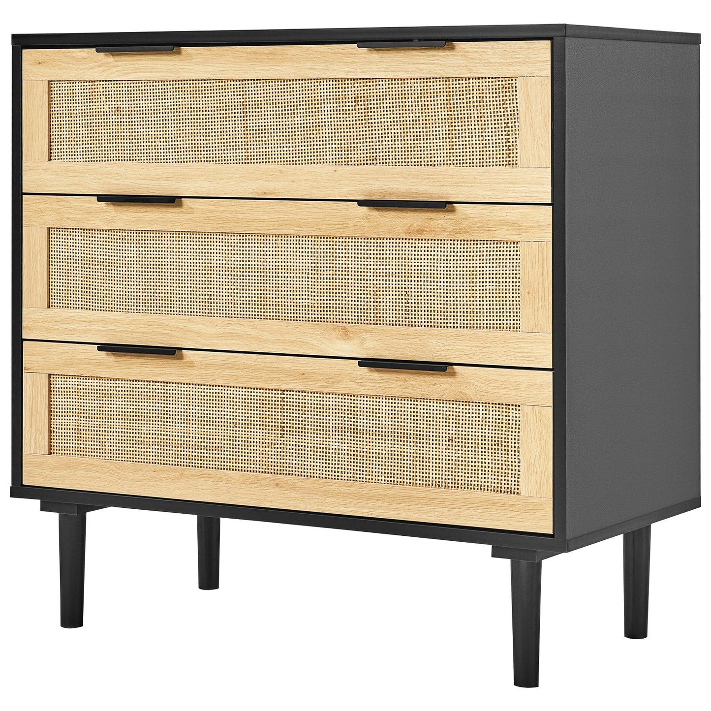 VEVOR 3 Drawer Rattan Dresser, Boho Dresser, Rattan Chest of Drawers with Spacious Storage, Natural Rattan Dresser for Bedroom, Living Room & Hallway, Rattan Nightstand with Sturdy Handles&Legs, Black