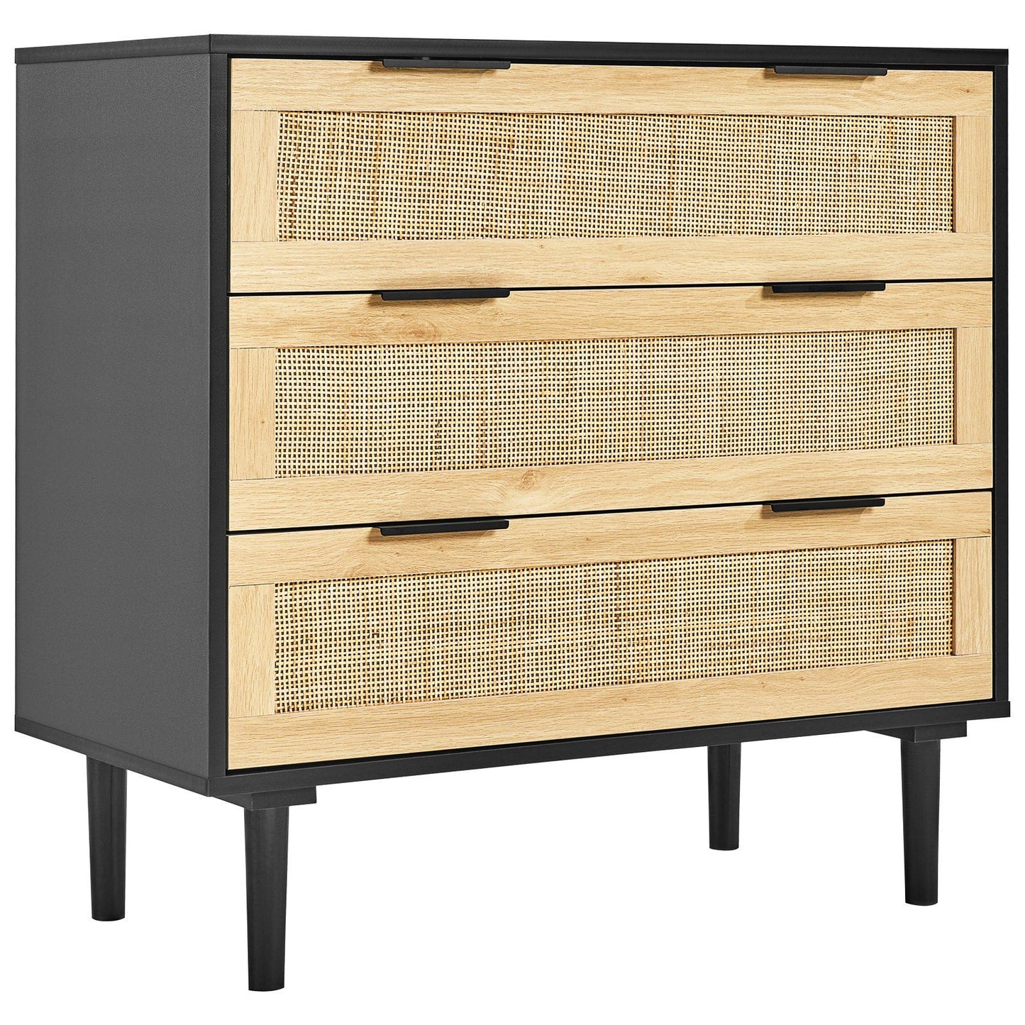 VEVOR 3 Drawer Rattan Dresser, Boho Dresser, Rattan Chest of Drawers with Spacious Storage, Natural Rattan Dresser for Bedroom, Living Room & Hallway, Rattan Nightstand with Sturdy Handles&Legs, Black