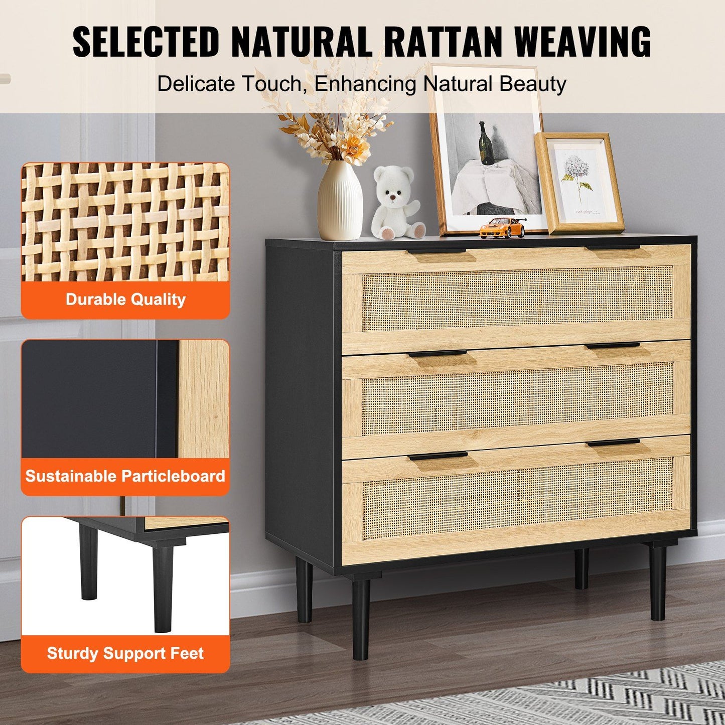 VEVOR 3 Drawer Rattan Dresser, Boho Dresser, Rattan Chest of Drawers with Spacious Storage, Natural Rattan Dresser for Bedroom, Living Room & Hallway, Rattan Nightstand with Sturdy Handles&Legs, Black