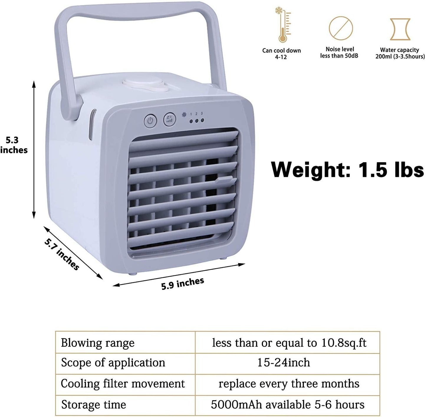 Portable USB Personal Mini Air Conditioner Fan; 3 Speeds; Quiet; Adjustable Vane; Ice Water Tank