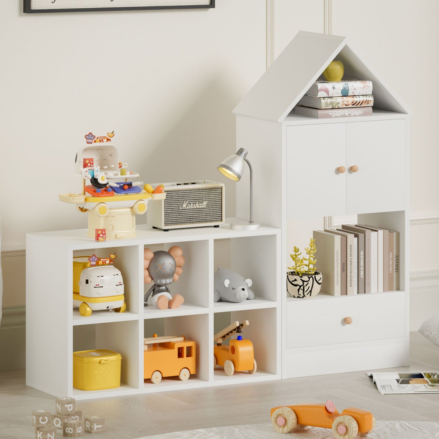 Versatile Children's Bookshelf with House-Shaped Design, Multi-Functional Storage for Books and Toys, Adjustable Placement, Durable Kids Organizer for Playroom or Bedroom Easy Assembly & Safe for Kid