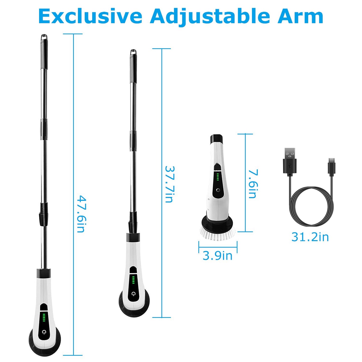 Electric Spin Scrubber Cordless Rechargeable Telescopic Cleaning Brush 8 Replaceable Heads 2 Speed Adjustable Extension Arm Bathroom Tub Tile Floor
