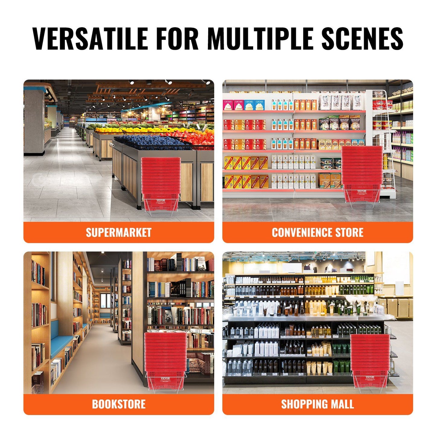 VEVOR Shopping Basket, Set of 12, 24L Durable Plastic Grocery Basket with Handle and Stand, 16.73 x 11.61 x 8.86 inch Portable Shop Basket Bulk Used for Retail Store Supermarket Grocery Shopping, Red