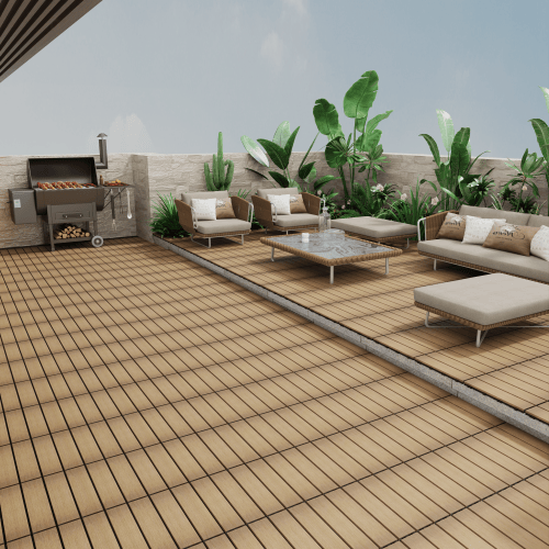 Patio Floor Tiles Pack of 11 WPC Wood-Plastic Composite Patio Deck Tiles DIY Interlocking Decking Tiles, Quick Deck Floor Tile, Court Tile, Water Resistant Indoor Outdoor -11.8" Oak