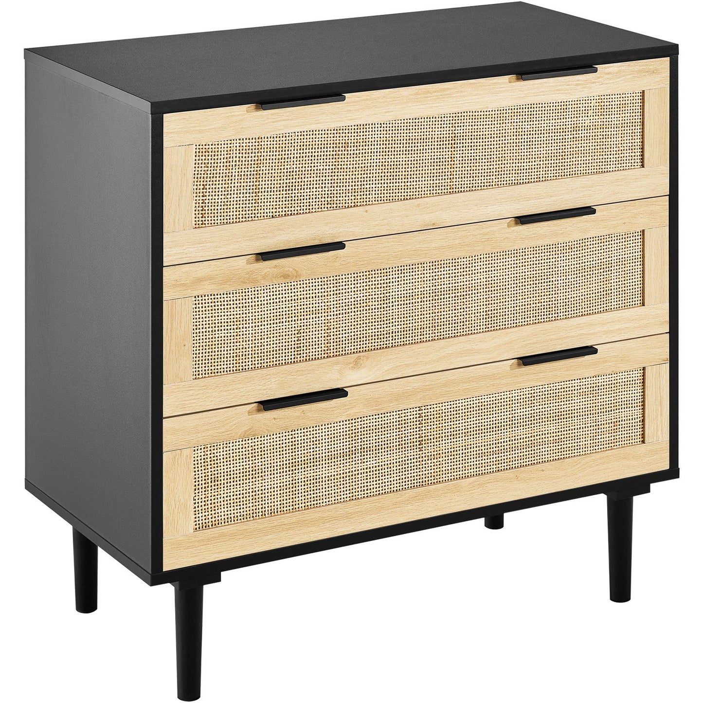 VEVOR 3 Drawer Rattan Dresser, Boho Dresser, Rattan Chest of Drawers with Spacious Storage, Natural Rattan Dresser for Bedroom, Living Room & Hallway, Rattan Nightstand with Sturdy Handles&Legs, Black