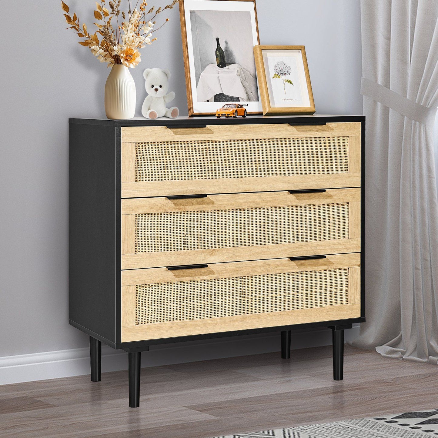 VEVOR 3 Drawer Rattan Dresser, Boho Dresser, Rattan Chest of Drawers with Spacious Storage, Natural Rattan Dresser for Bedroom, Living Room & Hallway, Rattan Nightstand with Sturdy Handles&Legs, Black