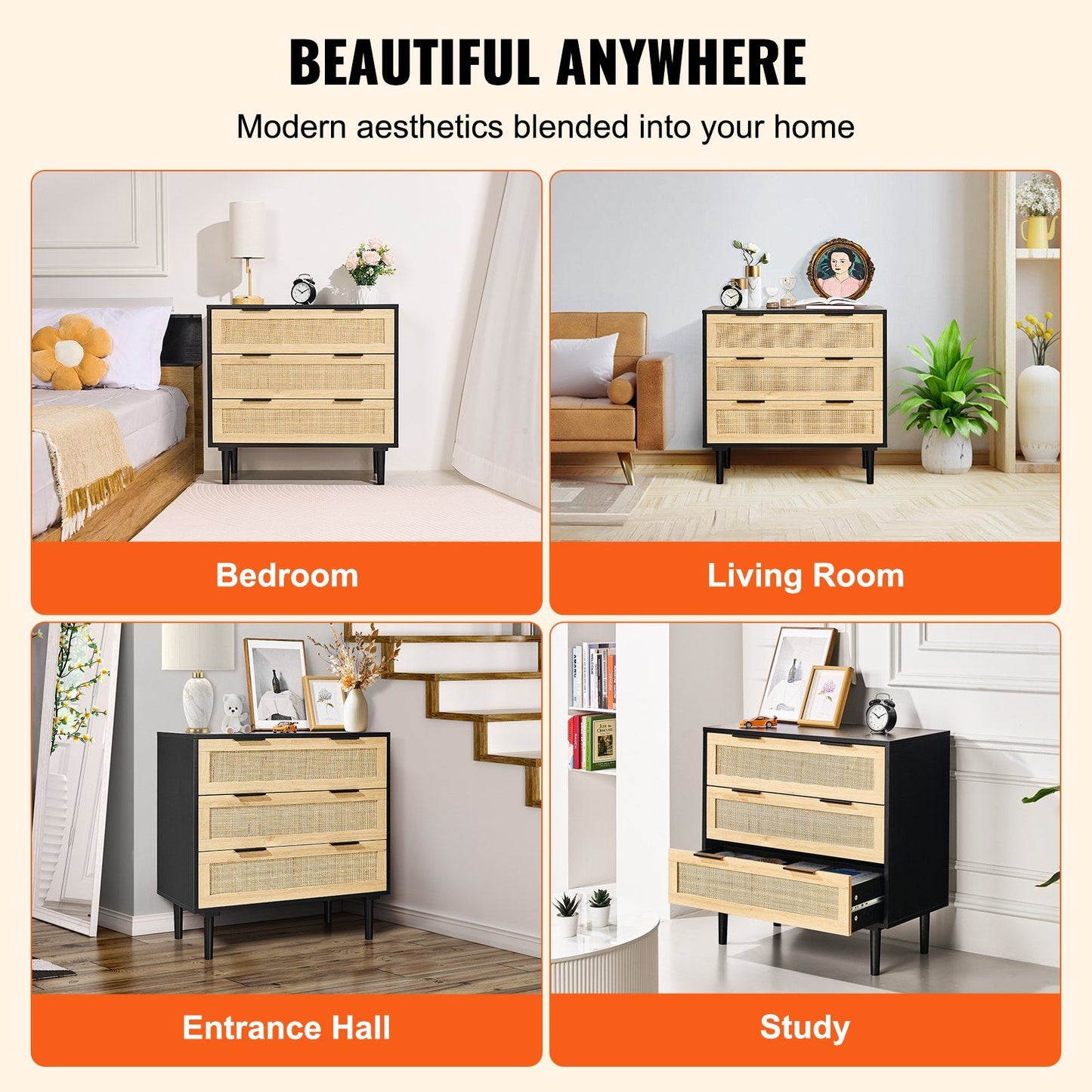 VEVOR 3 Drawer Rattan Dresser, Boho Dresser, Rattan Chest of Drawers with Spacious Storage, Natural Rattan Dresser for Bedroom, Living Room & Hallway, Rattan Nightstand with Sturdy Handles&Legs, Black